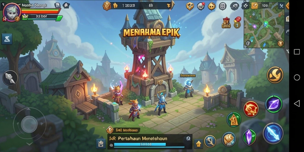Screenshot gameplay 34R yang menampilkan pertahanan menara yang unik.