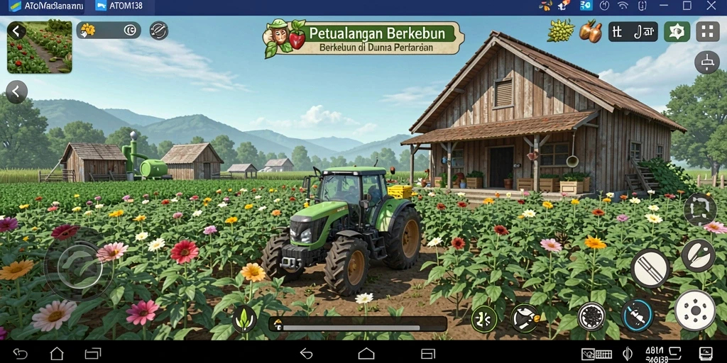Tampilan gameplay ATOM138 yang menampilkan kebun yang subur dan beragam tanaman.