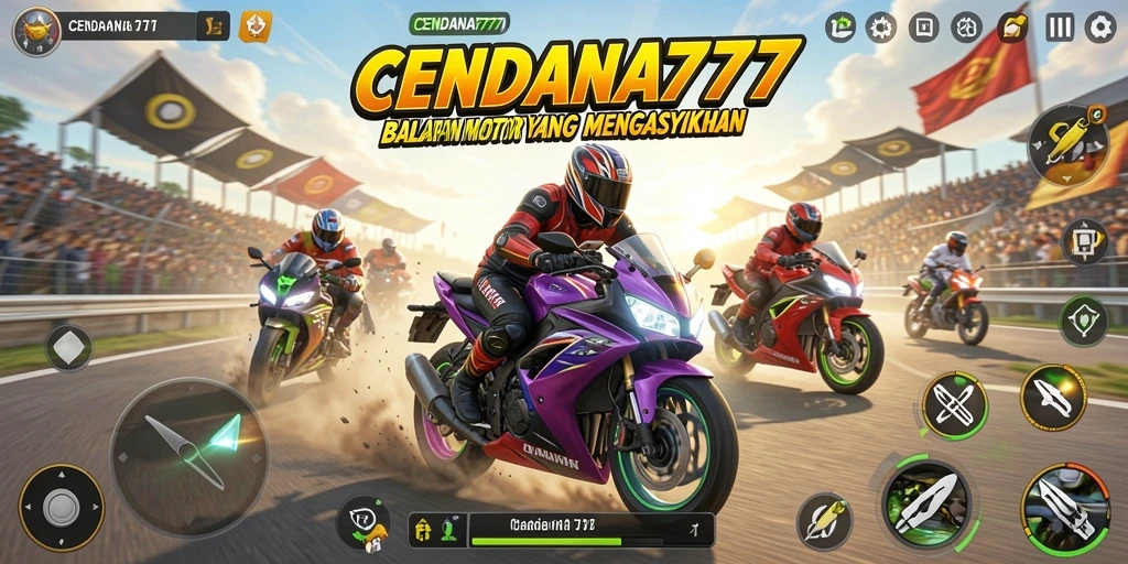 Tampilan gameplay CENDANA777 saat balapan motor di lintasan yang mendebarkan.