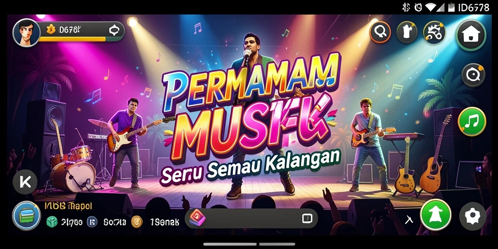 Tampilan screenshot utama ID678 menunjukkan permainan musik yang seru dan interaktif.
