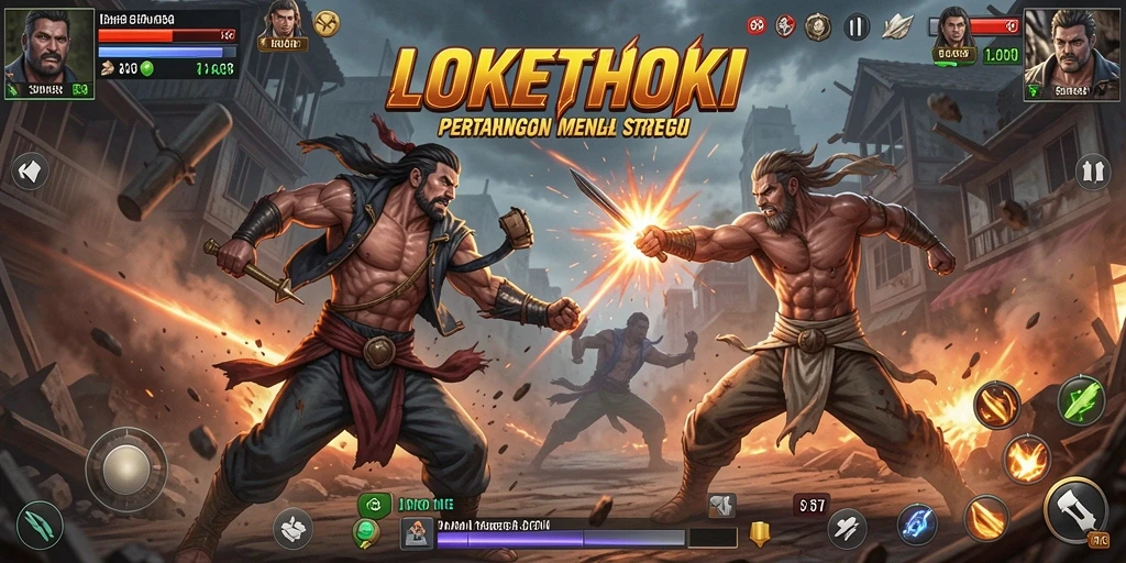 Tangkapan layar utama LOKETHOKI menunjukkan aksi seru dalam pertempuran.