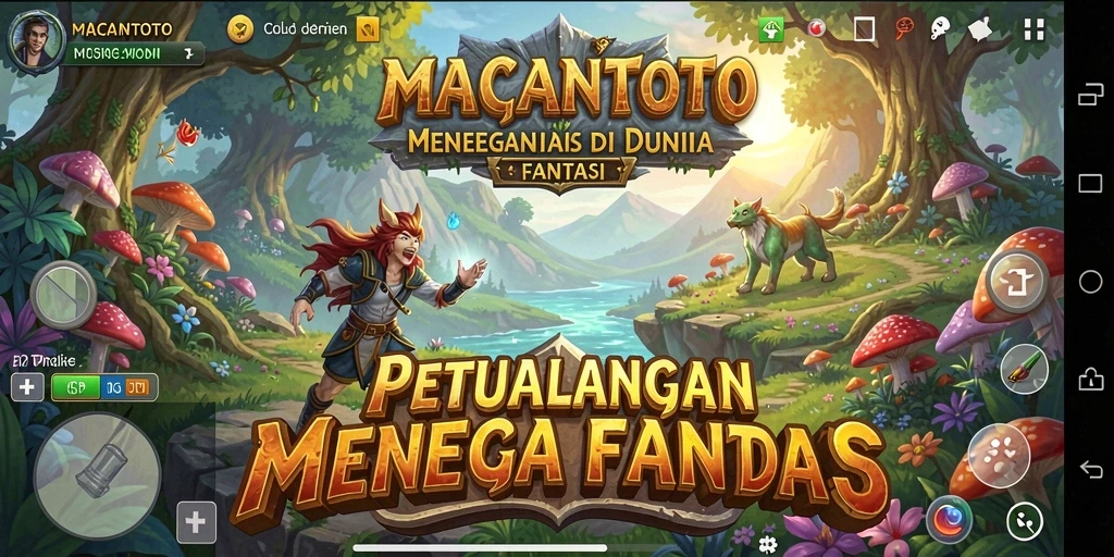 Screenshot gameplay dari MACANTOTO menunjukkan pertarungan yang seru dan dunia yang fantastis.