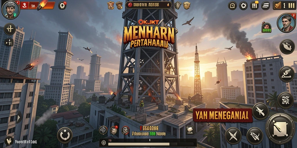 Screenshot OKJKT menunjukkan aksi pertahanan menara yang seru.