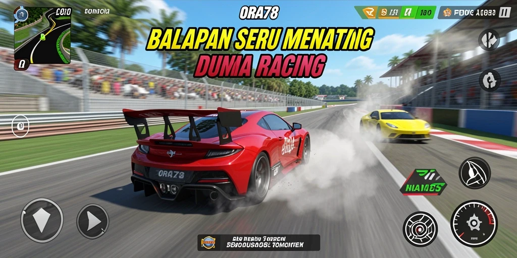 Screenshot utama ORA78 menampilkan aksi balapan yang mendebarkan dan mobil-mobil keren.