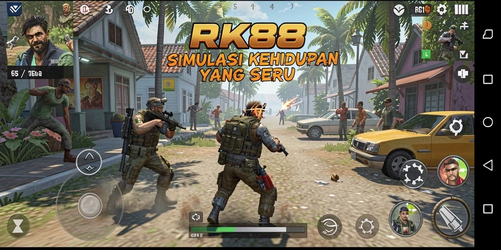 Screenshot menampilkan gameplay RK88 dengan karakter dan interaksi menarik.